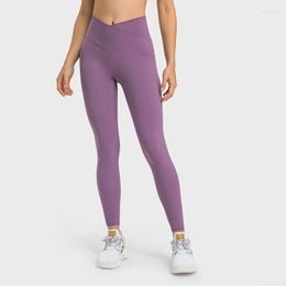 Active Pants Solid Color Front Waist Cross High Gym Yoga Leggings Fitness Sport Tight Athletic With Pockets Soft Workout Training