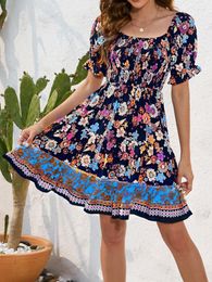 Casual Dresses Summer Mini Dress Women Floral Print Boho Beach Short Sundress Female Ruffles Puff Sleeve Ropa Mujer