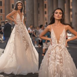Berta A Line Dresses For Bride Spaghetti V Neck Backless Wedding Dress Vestidos De Novia Lace Appliques Designer Bridal Gowns