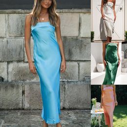 Casual Dresses Elastic Backless Satin Sexy Dress Women Elegant Sleeveless Blue Party Club Summer Strapless High Waist Green 25016