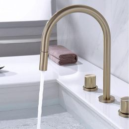 Bathroom Sink Faucets Brushed Gold Pull Out Basin Faucet Deck Mounted Double Handle Swivel 360 Mixer Taps 3 Hole Split