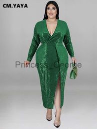 Casual Dresses CMYAYA Plus Size Sequined Women Wrap Vneck Long Sleeve High Side Slit Maxi Long Sexy Party Club Even Bodycon Midi Dress x0625