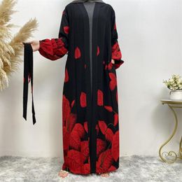 Ethnic Clothing Women Arabic Islam Open Abaya 2023 Kimono Lantern Sleeve Cardigan Robe Femme Muslim Dress African Print With Belt