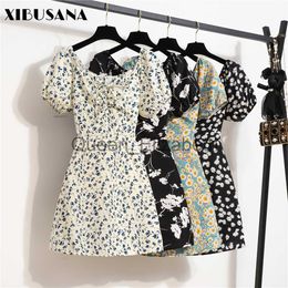 Casual Dresses Women's Mini Sexy Dresses Summer Beach Floral Printed Shirring Pleated Elegant Short Puffy Sleeve Dress Korea Female Vestidos J230625