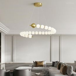 Pendant Lamps Nordic Round Pearl Necklace Chandelier LED White Acrylic Copper Light Modern Bedroom Living Room Decorative Lamp Fixture