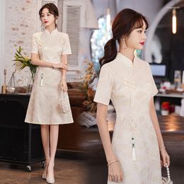 Ethnic Clothing Stand Collar Short Sleeve Retro Improved Cheongsam Chinese Traditional Modern Qipao Lace Dress CNY
