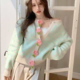 Women's Knits Women 3D Flowers Crocheted Plaids Sweater Coat Checked Floral Knitted Cardigans Ins Single Breasted Jersey Knitwear Tops