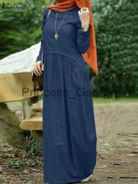 Casual Dresses ZANZEA Women Denim Blue Muslim Dress Fashion Long Sleeve Abaya Robe Spring Solid Colour Maxi Dresses Vintage Party Sundress 2023 x0625