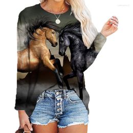 Women's T Shirts Casual Streetwear Fashion Ladies Round Neck Tops Autumn Long Sleeve Shirt Women Animal Horse Print Winter Clothes