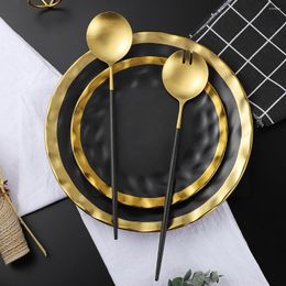 Dinnerware Sets Black Gold Salad Distributing Dishes Cutlery Set Fork Spoon Kitchen Utensils Service Tableware Drop