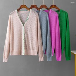 Women's Knits Summer Spring Loose Glitter Button Up Knitted Cardigan Women Fashion Casual Straight V-Neck Long Sleeve White Ladies Sweater