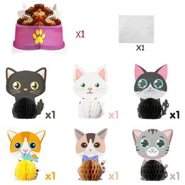 Novelty Games 7Pcs Cat Themed Honeycomb Pet Birthday Party Decoration Parties Favours Supplies Pet Decorations Po Booth Props for Children 230625