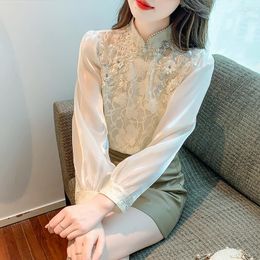 Women's Blouses Autumn Lace Ladies Flower Beading Shirt Blouse Chinese Traditional Women's Formal Retro Costume Apricot Cheongsam Tops