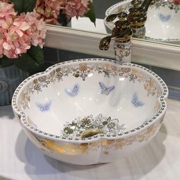 Butterfly Porcelain Cloakroom Round Wash Basin Lavabo Counter top Black Sink Vessel Bathroom Hand Paint Art Bowl shampoogood qty Ovrra