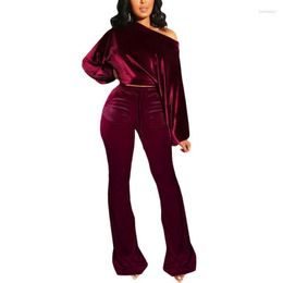 Women's Pants Women's Women Breathable Leisure Suit Autumn Solid Colour Puff Long Sleeve Sloping Shoulder Short Tops Bell-bottomed Set