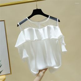 Women's Blouses 2023 Summer Sleeveless Women Casual Sexy Chiffon Mesh Shirts Ruffles O Neck Clothing 14615