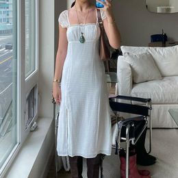 Casual Dresses Fairy Vintage White Lace Trim Midi Dress French Style Chic Women Split Summer Holiday Streetwear Y2K Retro Fashion