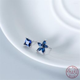 Stud Earrings WANTME Luxury Korean Blue Crystal Zirconia Square Five Petals For Women Real 925 Sterling Silver Jewellery Gift