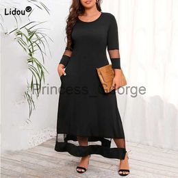 Casual Dresses Black Allmatch Round Neck Net Yarn Patchwork Wrist Sleeve Loose Aline Skirt Elegant Plus Size Female Clothing Split Long Dress x0625