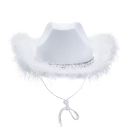 Cloches Ladies Cowboy Hat Fashion Solid Colour Feathers Splicing Wide Brim Flat Top Ultraviolet-proof Sun Protection Cap Party Props 230621