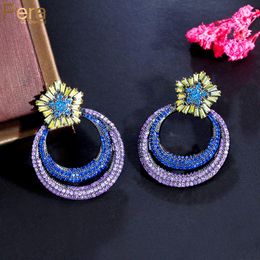 Knot Pera Fantastic Dangle Big Circle Shape Purple Blue CZ Black Gold Color Long Flower Drop Earrings for Bridesmaid Jewelry E991