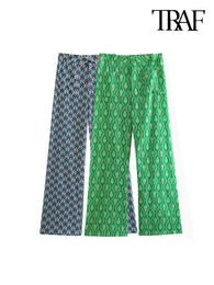 Pantaloni da donna Tasche frontali moda donna Pantaloni stampati dritti vintage a vita alta con cerniera femminile Mujer