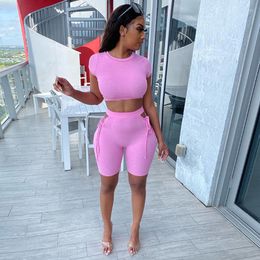 Women's Tracksuits 2023 Sexy 2 Pieces Set Homewear Women O Neck Short Sleeve Solid Color Crop Tops High Waist Shorts Sport Outfit Tracksuit