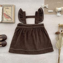 Girl Dresses Spring And Autumn Brown Strap Dress For Baby Girls Solid Pit Corduroy Sling Lotus Leaf Half 1-7Y Kids