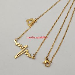 Necklaces 10pcs Lot in bulk Gold NEW EKG Heart Beat Necklace Heartbeat Rhythm with Dangling Heart Stainless Steel Jewellery for women Girls