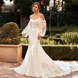 Spaghetti Straps Mermaid Wedding Dress Bridal Gown Off the Shoulder Puffy Sleeve Country vestiod de mariee