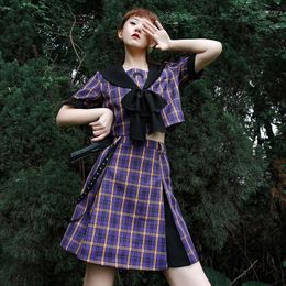 Work Dresses 2023 Summer 2 Pieces Set Women Skirt And Top Elegant Purple Plaid Mini Skirts Suit Clothing Sweat Cute JK Crop Tops T Shirts