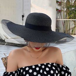 Wide Brim Hats 2021 New Sun Hats for Women Girls Wide Brim Floppy Straw Hat Summer Bohemia Beach Cap Ribbon Chapeau BlackSun block HKD230625