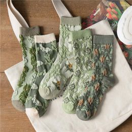 Women Socks Retro Green Ethnic Japanese Vintage Sweet Floral Embroidery Long Autumn Winter Cotton Calcetines