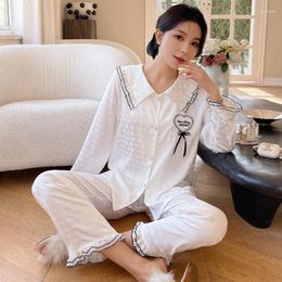 Women's Sleepwear Sexy Ice Silk Jacquard Satin Ruffles Princess Collar Long Sleeve Shirt Pants 2Pcs Women Homewear Female Pyjamas Set