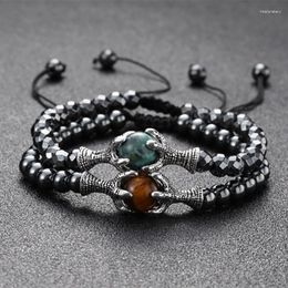 Strand Beaded Strands Men's Hematite Braided Bracelet Vintage Silver Colour Eagle Claw Tiger Eye Natural Stone Healing Jewellery