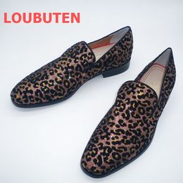 Italy Style Black Suede Shoes Men Leopard Print Gold Glitter Loafers Luxury Slip On Casual Shoes Mens Party And Banquet Shoes
