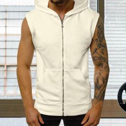 Men's Tank Tops Men Sports Vest Drawstring Pockets Zipper Closure Sweatshirt Solid Colour Breathable Coat Hooded Sleeveless Male