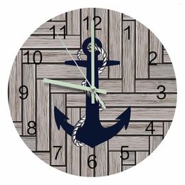 Wall Clocks Wood Texture Marine Anchor Luminous Pointer Clock Home Ornaments Round Silent Living Room Bedroom Office Decor
