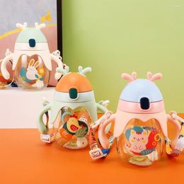 Water Bottles 350ml Sippy Cup Fashion With Shoulder Strap Straw Cartoon Pattern Kids Bottle School Supplies