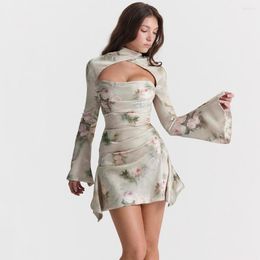 Casual Dresses 2023 White Colour Rose Print Sexy Hollow Out Flare Sleeve Mini Dress Graceful Woman Evening Party Vestido Date Dinner Outfit