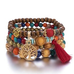 80Pcs/20set Bohemia Tree Of Life Charm Beaded Bracelet For Women Handmade Wood Beads Chain Bangle Female Boho Jewelry