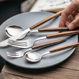 Dinnerware Sets Stainless Steel Set Western Row Dessert Fruit Fork Stir Spoon Tableware Wood Handle Cutlery