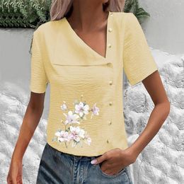 Women's Blouses Summer Women's Cotton Linen Shirts Short Sleeve Printed Casual Button Down Crew Neck Work Running Women Camisas