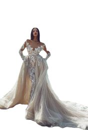 Boho Mermaid Wedding Dresses With Detachable Train Bridal Gowns Off Shoulder Lace Long Sleeves Beach Robe de mariee