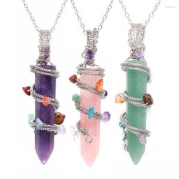 Pendant Necklaces KFT Wire Wrapped Spiral Natural Crystals Healing Crystal Quartz Chakra Stone Hexagon Pendulum Pendants Chain Necklace