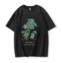 Men's T-Shirts Byron Buzz Vintage Men TShirts Streetwear Hip Hop Floral Letter Print Washed Tshirt Harajuku Graphic Punk Goic Short Sleeve J230625