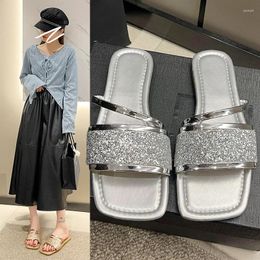 Slippers 2023 Gold And Silver Fashion Women's Shoes Casual Flats Luxury Crystal Sandals Dress Non-slip Plus Size 42