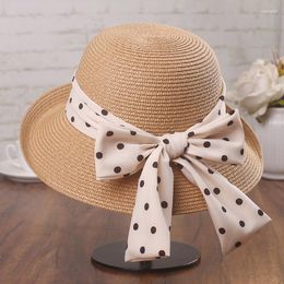 Berets Elegant Dot Bow Straw Sun Cap For Women Summer Floppy Bucket Hat Sun-proof Wide Brim Travel Beach Ladies Sombrero Hombre Chapeau