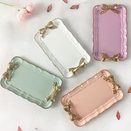 Jewellery Pouches Retro Bowknot Small Decorative Dish Holer Tray Plate For Dessert Cake Cafe Home Decor(Pink)