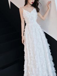 Casual Dresses V Neck Feather Fashion Suspenders Formal Occasion Dress High Waist Slim Solid Graduation Party Wedding For Women